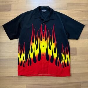 Vintage 2000s Sapphire Lounge Black Red Flames Short Sleeve Button Up Shirt Sz L